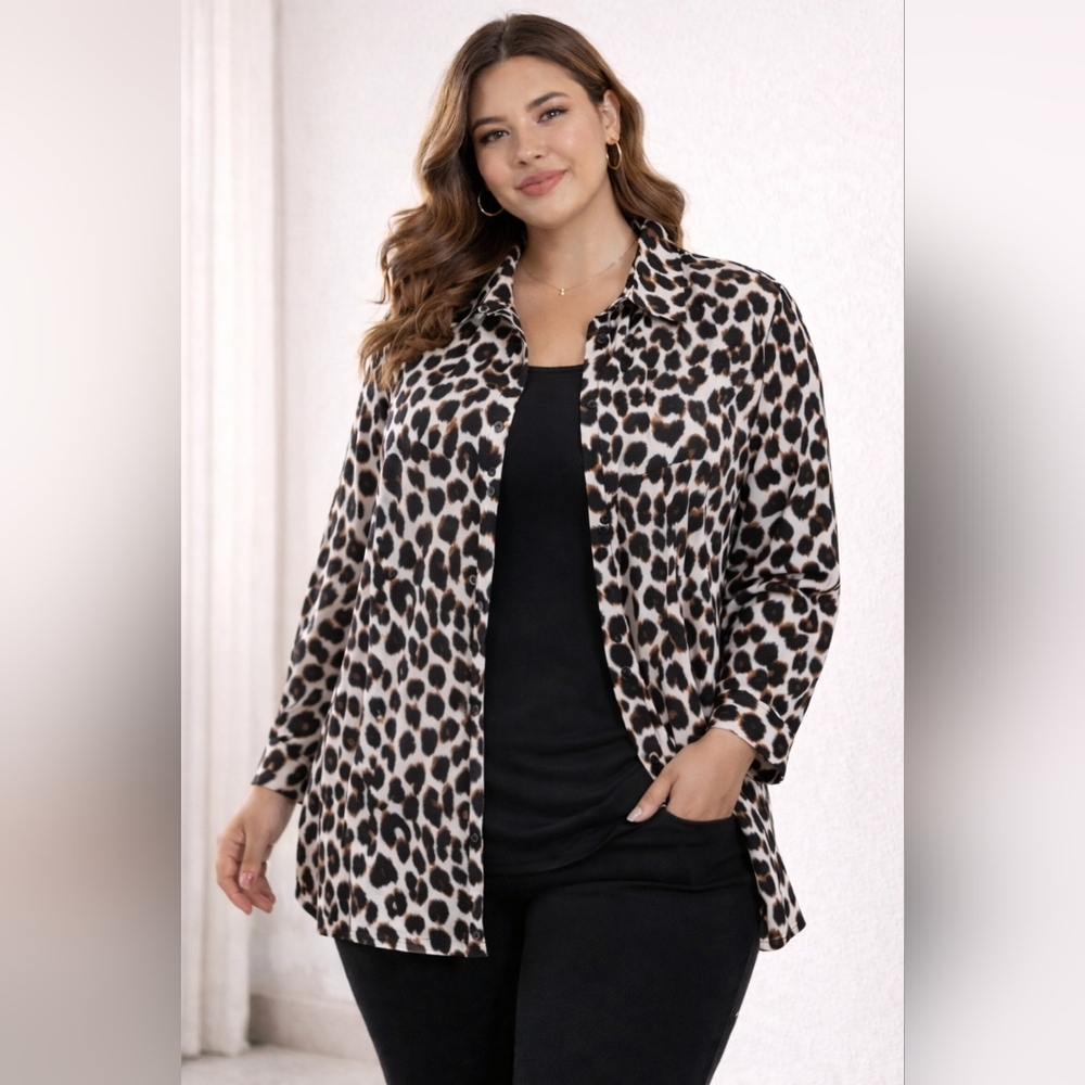 NWT CJ Banks Leopard Print Blouse 1X | Wrinkle Resistant Tunic | Button Up Top